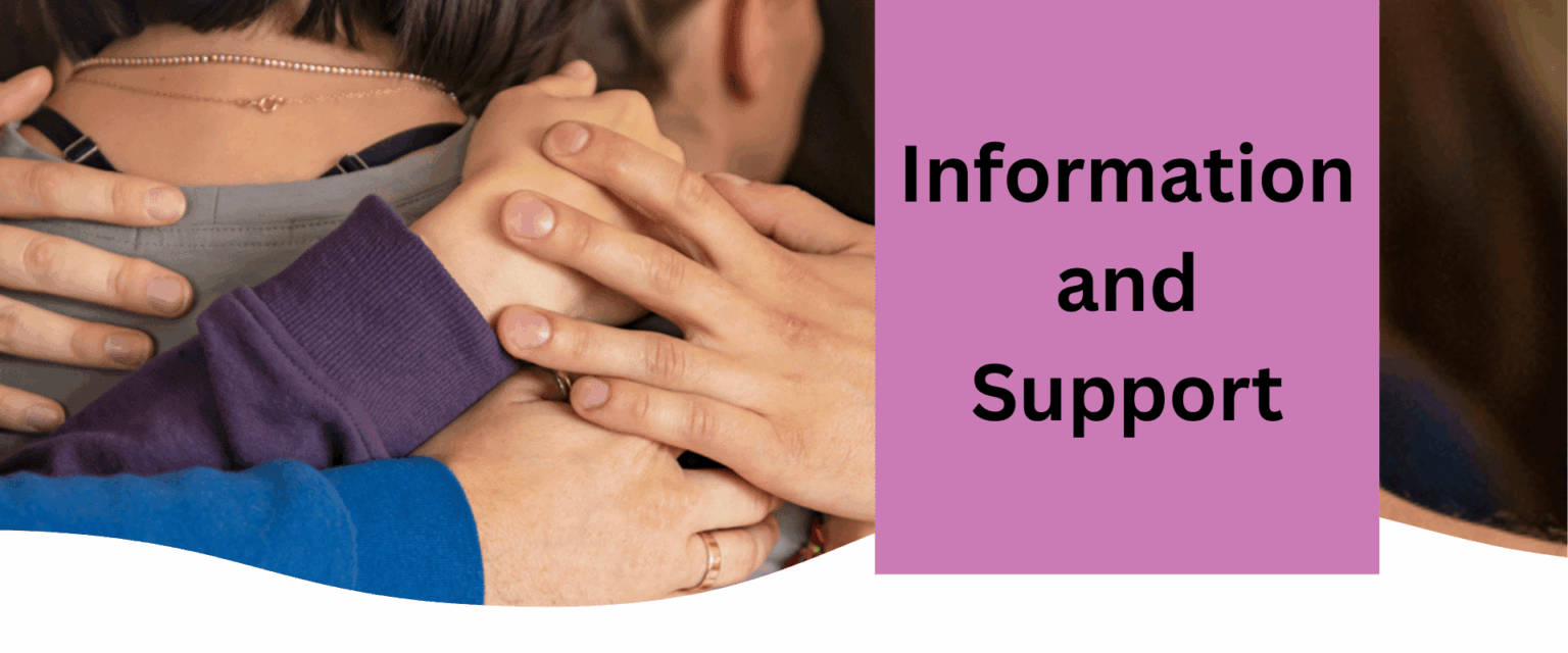 A family holding their mother. Image says "Information and Support"